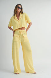 Lemon Loungewear Set - Button-Up Crop Top & Wide-Leg Pants Simmer & Fay